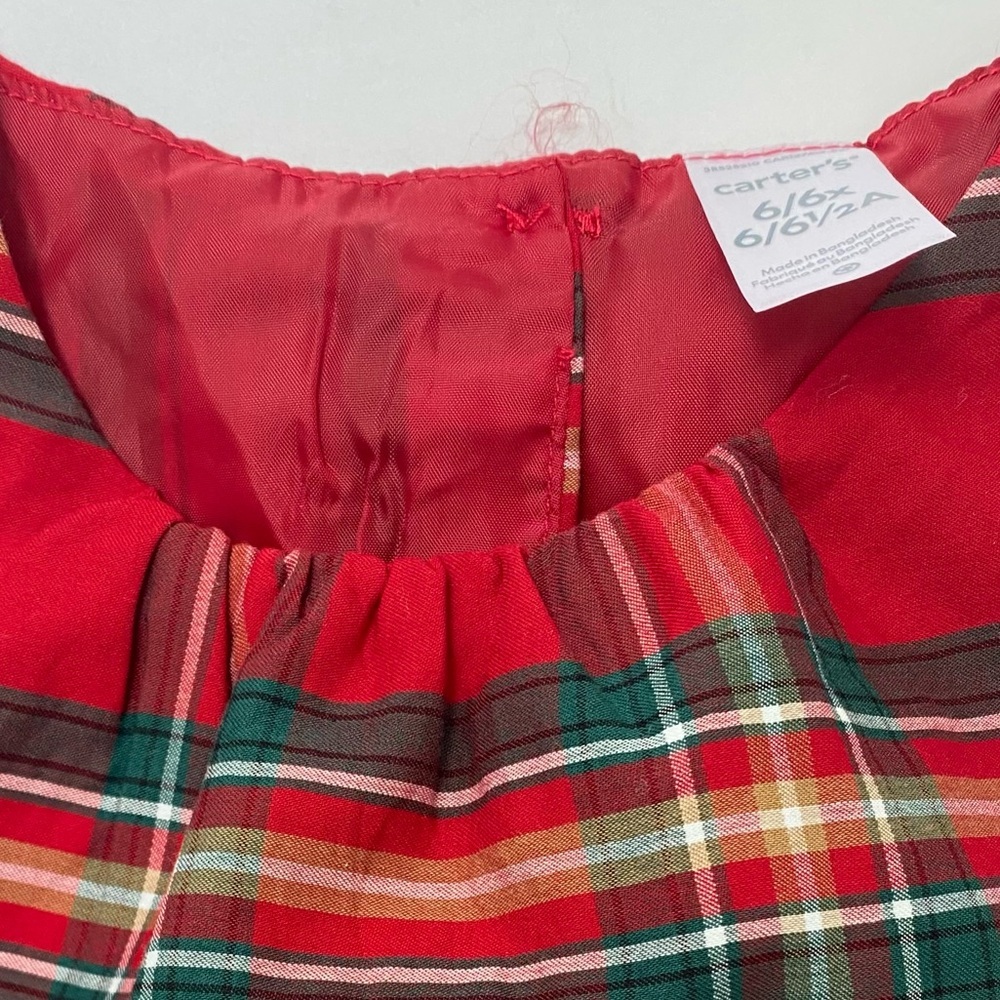 Carter's Girl’s Red/Green Plaid Bow-Waist Holiday Dress 6/6X - Picture 4 of 6